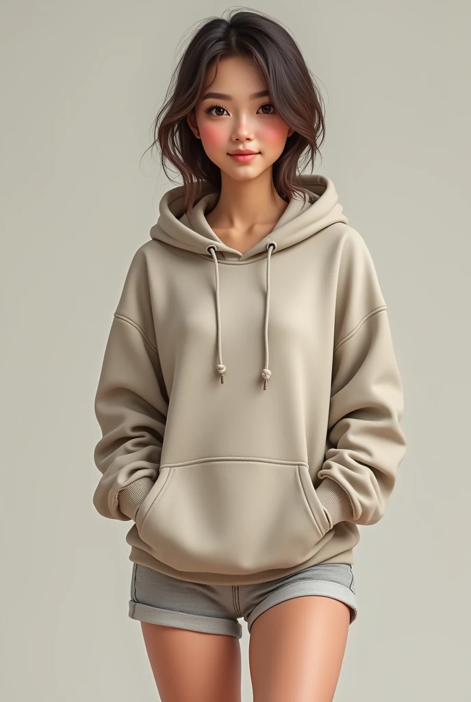 Woman wearing boxer shorts and hoodie
