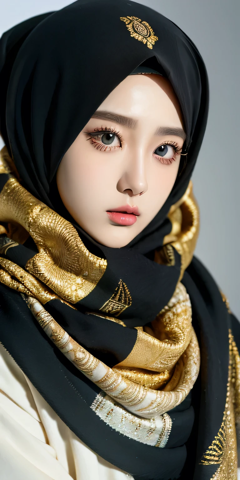 Korean girl, beautiful girl in hijab, 19 year old girl, perfect face, expressive eyes, makeup, eyeshadow, eyeliner, luxurious hijab, patterned hijab, hijab decoration, brooch, shiny lips, 