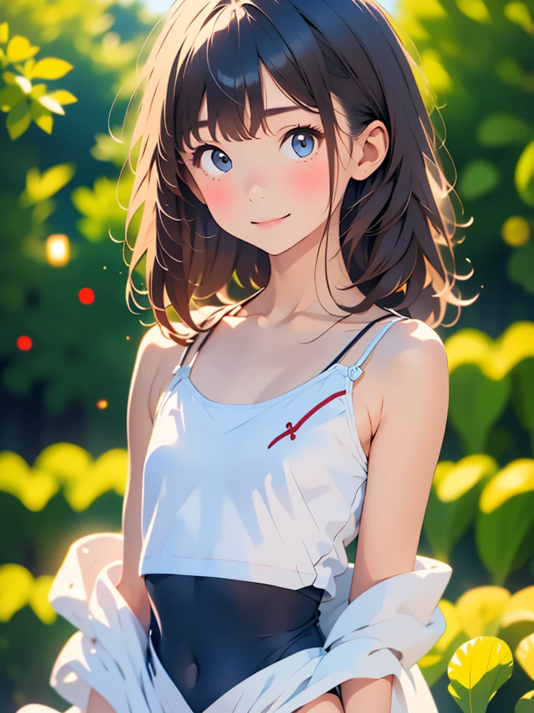 one girl、smile:0.1、pretty girl、brown hair、baby face、young、delicate girl、Upper body、small breasts、unreasonable precision、Super detailed、camisole、completely flat、Honesty、thin arms, professional lighting, film grain, chromatic aberration, (Eye and face details:1.0), (Bokeh:1.1)、school swimwear)))、software:1.5)))、 highest quality, 8k, 14 years,