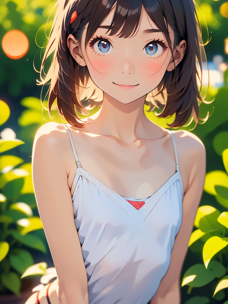 one girl、smile:0.1、pretty girl、brown hair、baby face、young、delicate girl、Upper body、small breasts、unreasonable precision、Super detailed、camisole、completely flat、Honesty、thin arms, professional lighting, film grain, chromatic aberration, (Eye and face details:1.0), (Bokeh:1.1)、school swimwear)))、software:1.5)))、 highest quality, 8k, 14 years,
