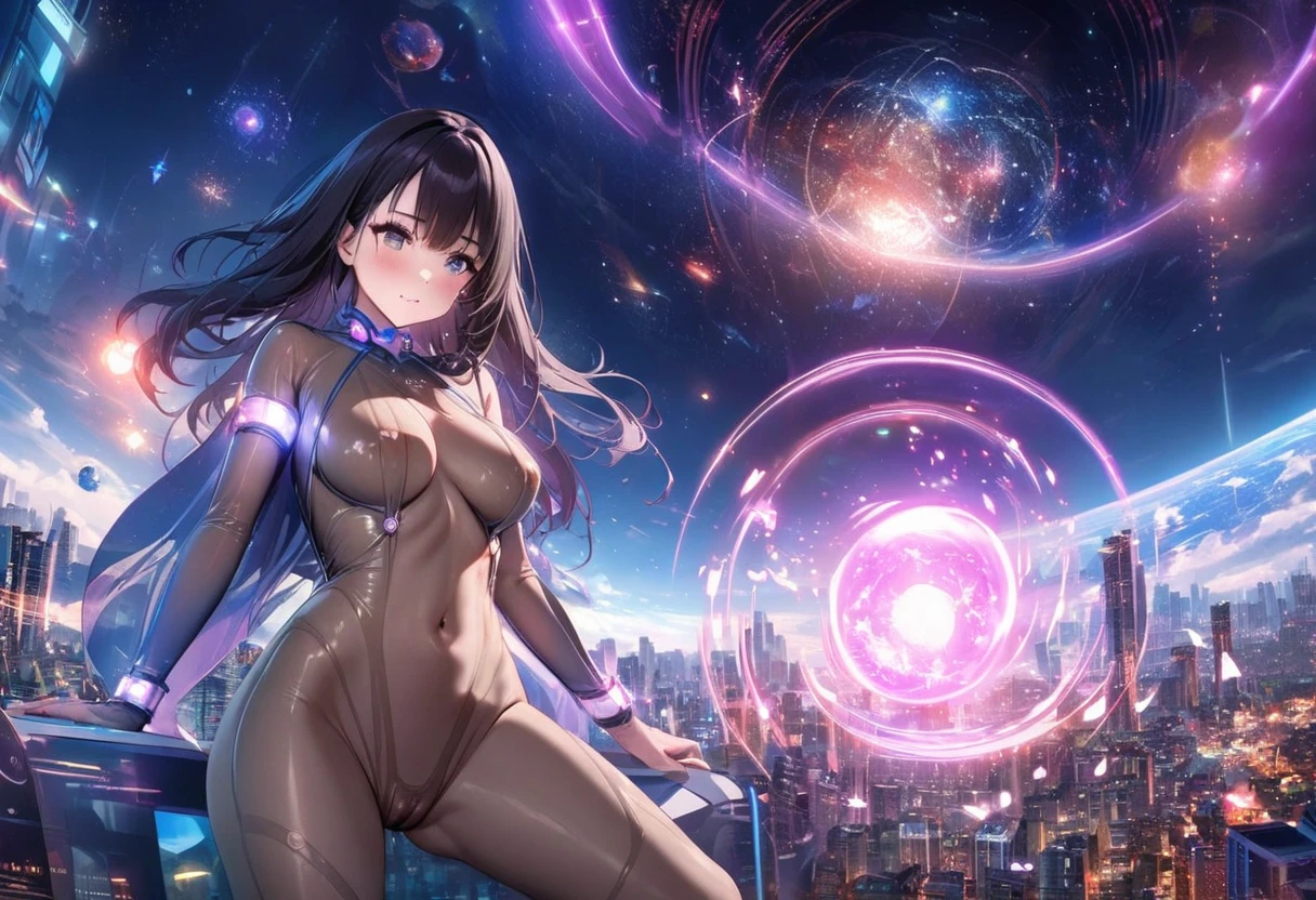 Future city, universe, technology, magic, reality, cute woman (sheer body suit with blinking lights, no underwear), starry eyed sight seer