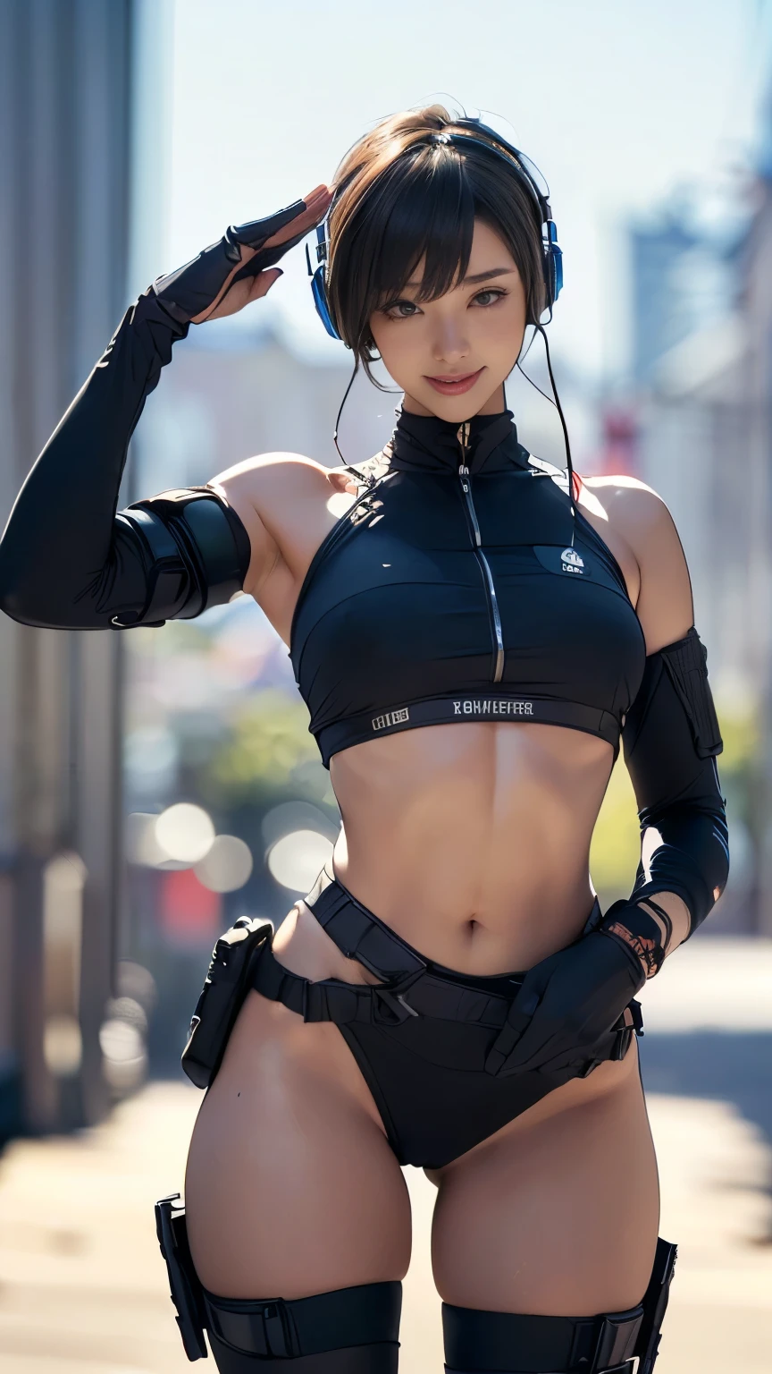 (A woman),(((A woman salutes with her right hand.:1.5))),(((Straighten the left hand:1.5))),((Black tactical tights:1.5)),((Black headphones:1.5)),((Black tactical holster:1.5)),(Black Gloves:1.5),(Smile:1.5),(short hair:1.5),(beautiful eyes:1.3),(Very detailedな顔:1.5),((Very detailedな女性の手の描画:1.5)),((muscular:1.5)),(Sexy appearance:1.5),((Thick thighs:1.5)),(Beautiful Body:1.5),((Very sensual:1.5)),(Background is the city:1.5),(((Blurred Background:1.5))),(Written border depth:1.5),rest(((masterpiece:1.5),(best quality:1.5),(Very detailed:1.5),(high resolution:1.5),(Practical:1.5),(Practical:1.5),(Delicate depiction),(Carefully drawn))),8K,wallpaper