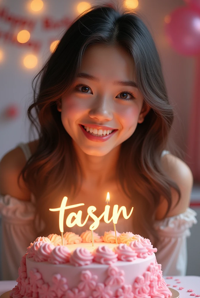 ((best quality)), ((masterpiece)), (detailed), perfect face
Cute pretty good girl happy birthday Infront of cake .into the cake HAPPY BIRTHDAY TASIN.background text her name HAPPY BIRTHDAY TASIN