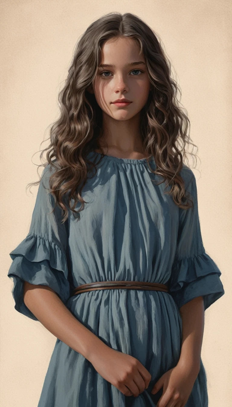 An illustrated movie poster, hand-drawn, full color, a young girl, wearing a black chiton, warm brown complexion, pale blue eyes, ashy hair, long loose curls, waist-length hair, posing on a pedestal, hard shadows, masterpiece,