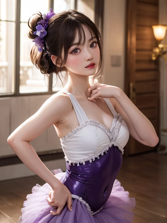((Highest quality)), ((masterpiece)), (detailed), Captivating Gaze, レオタードballetの人物, cute, 非常にdetailedな, 超High resolution,Highest quality, 8k, High resolution, 1 person, (Professional Lighting),、thin、ballet。ballerina。Soft lighting and excellent shadow representation、Expressing an emotional and romantic atmosphere。Be enchanted by the subtle details and vibrant colors of gorgeous frilly purple opera tutus and leotards.。Great stage backdrop.Finished face、European women、Gray Hair、Medieval European streets
