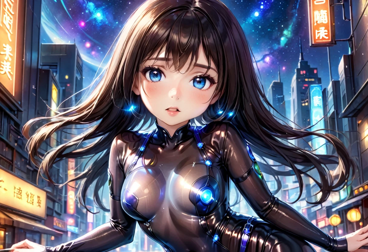 Future city, universe, technology, magic, reality, cute woman (sheer body suit with blinking lights, no underwear), starry eyed sight seer
