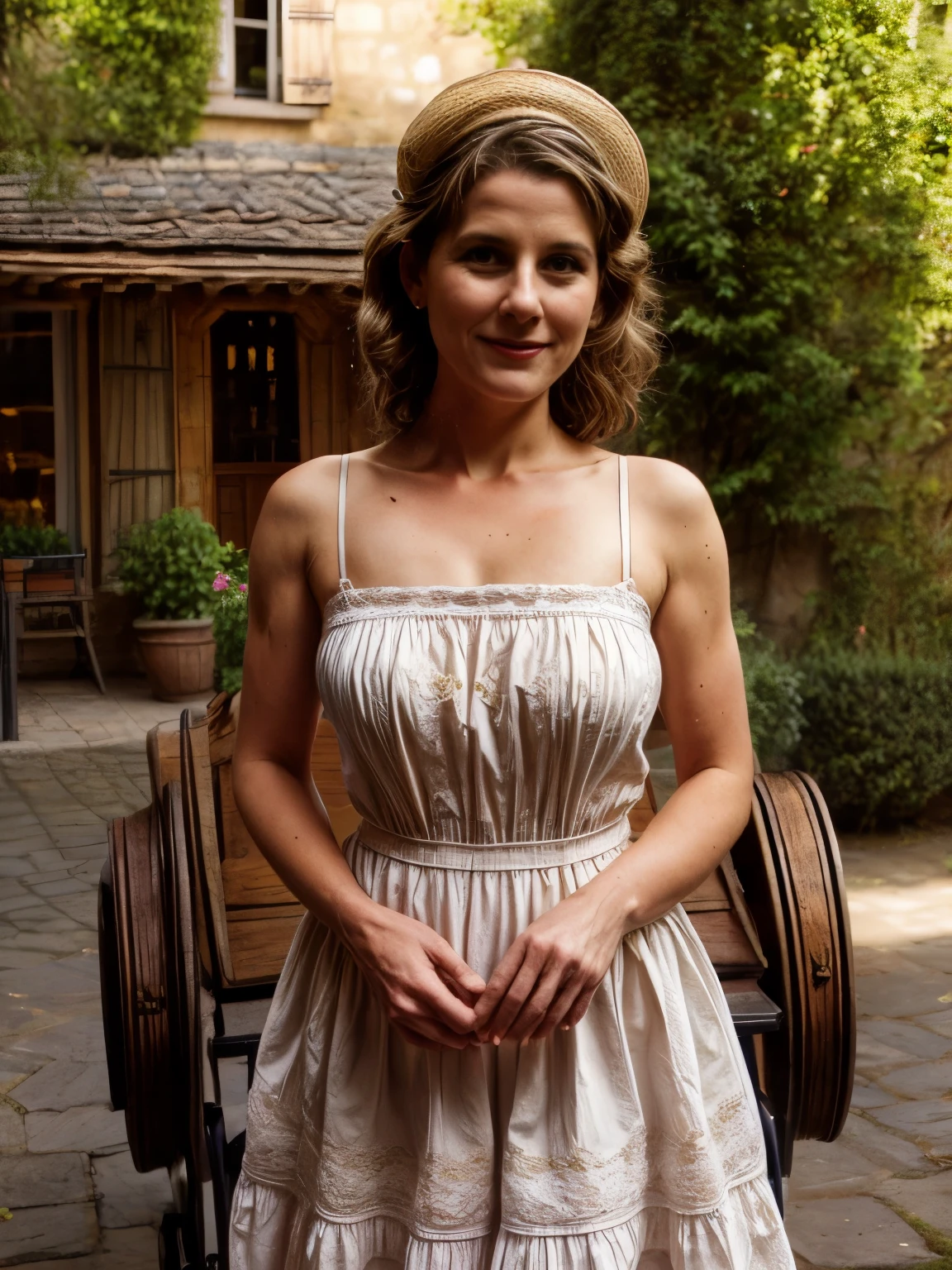 **Portrait of a pale, young, skinny, seductive woman in a good mood, standing confidently with a vintage rockabilly pin-up style. She wears a 1820s French countryside dress with intricate floral patterns, a fitted bodice with delicate lace trimmings, and a voluminous skirt with a slight crinoline, giving her an elegant silhouette. Her golden curls are styled in an intricate updo, complemented by a lace bonnet. Her makeup is classic with rosy cheeks and a subtle smile.**
**Location: A quaint French village in the 1820s, with cobblestone streets and charming, rustic architecture. The background includes a traditional French farmhouse with ivy-clad walls, flower boxes under the windows, and a thatched roof. The sun casts a warm glow, creating soft shadows and highlighting the picturesque landscape. There are wooden carts with fresh produce, a vintage horse-drawn carriage, and rustic benches scattered around. The air is filled with the scent of blooming flowers and fresh bread from a nearby bakery.**
**Objects and Items: A vintage horse-drawn carriage, wooden market carts with vegetables and fruits, flower-filled window boxes, thatched roof, ivy-covered walls, rustic wooden benches, cobblestone streets, antique wrought-iron street lamps, small village bakery with fresh bread, woven baskets, barrels of fresh produce, traditional French wooden shutters, blooming flower gardens, old-fashioned well, vintage street signs, traditional French stone houses, classic wooden fences, wrought-iron gates, dusty old books, vintage cooking pots, ceramic jugs, and decorative wrought-iron railings.**