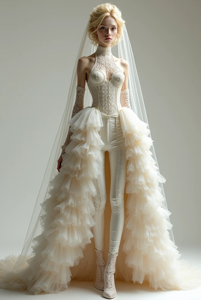 thin androgynous man, with blonde hair, rococo wedding dress. She wears a unique outfit that combines a dress with very tight dress pants.. The trousers are complemented by an impressive dress train that starts from the waist., with lots of tulle and fluffy. the top, a high neck with full lace at the waist, sleeveless and transparent, decorated with delicate ruffles and glassware details that add a touch of luxury. The outfit is completed with a bridal veil of more than five meters., elbow length lace gloves