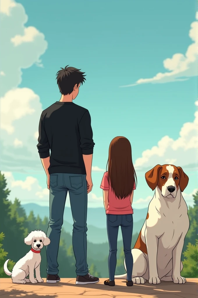 an animated image showing a tall young man, delgado, strong, moreno, black hair, dressed in jeans and a long-sleeved black shirt, to a young woman, long brown hair, short stature, slim, White skin, dressed in jeans and a pink shirt,sitting on a viewing platform accompanied by a white French poodle, small size, a medium-sized long-haired Maltese dog and a large-sized white female dog with brown spots on her back and brown ears 