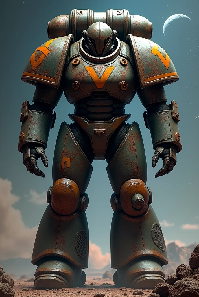 a space marine like in the game Space Marine 3 with the armor painted with the letter V very evident