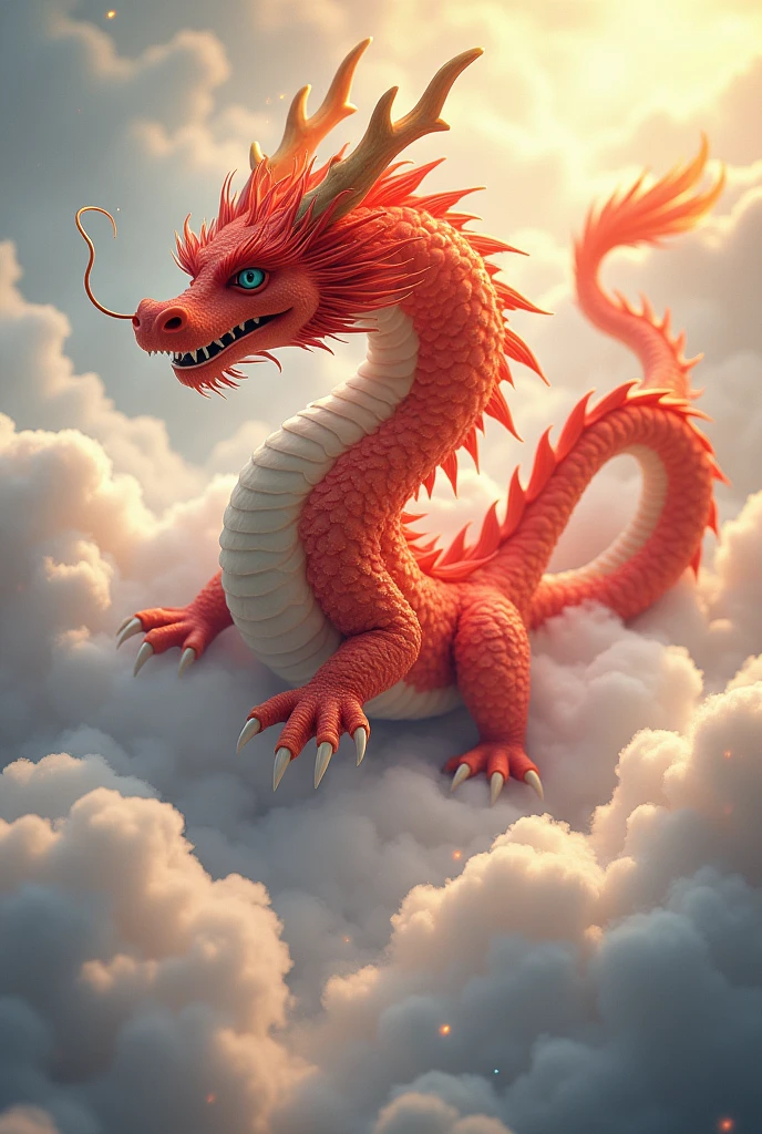 masterpiece, Highest quality,Japan Dragon God、Red Dragon、smiling gently、With fluffy fur。An image of ascending to the heavens。The background is a sea of clouds。No wings、Sparkling and kind eyes