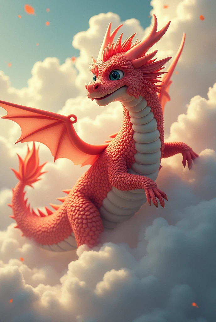 masterpiece, Highest quality,Japan Dragon God、Red Dragon、smiling gently、With fluffy fur。An image of ascending to the heavens。The background is a sea of clouds。No wings、Sparkling and kind eyes