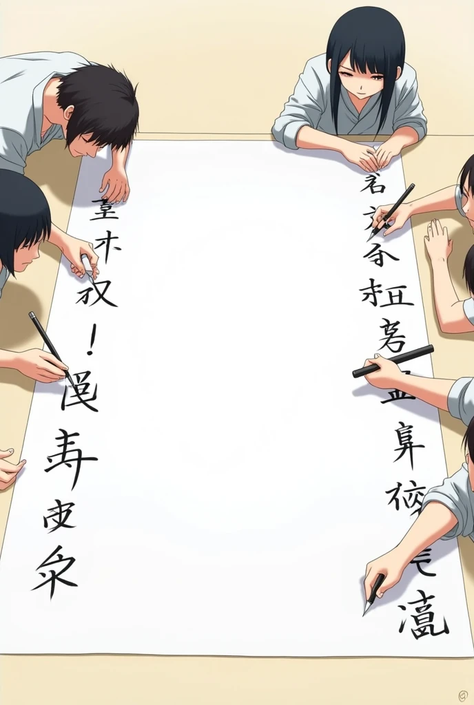 Many Japanese characters writing jiragana on a sheet of paper 