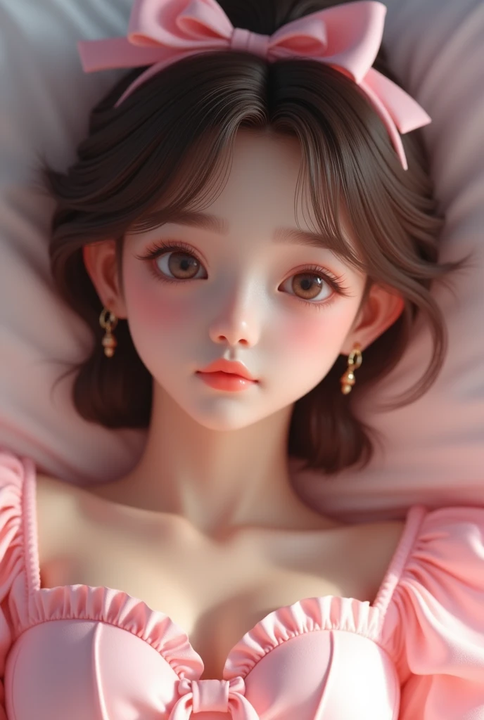 a male adult with ateez jeong yunho face claim, detailed jeong yunho features, soft and cute features, doe eyes, round pink lips, pale skin, feminine features, detailed features, laying on a bed, dressed in pink coquette clothes and a pink bow on his brown hair