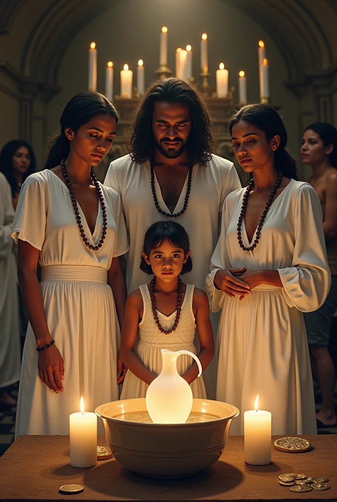 1 male, 1  and 2 females in white clothes, with bead necklaces in front of an altar with white candles, a jug of water for baptism in Umbanda