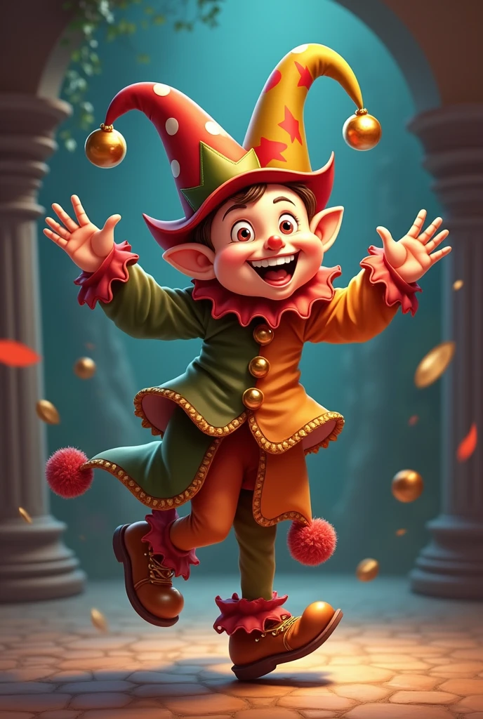 A short and plump jester dancing around with bells on his hat