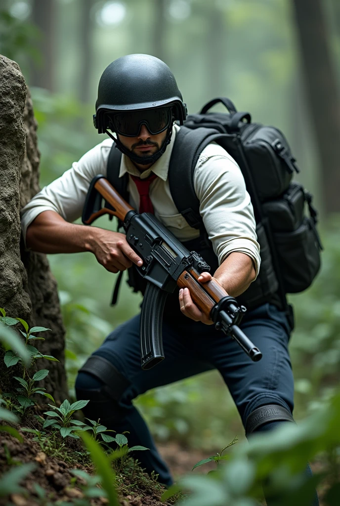 PUBG, Man with white shirt and red tie, Navy Blue Jean Pants with Combat Knee Pads, black military cargo bag, covering oneself in a stone, in the jungle, Black level 3 helmet with dark visor covering the eyes, armed with AK47, in pitched battle.
