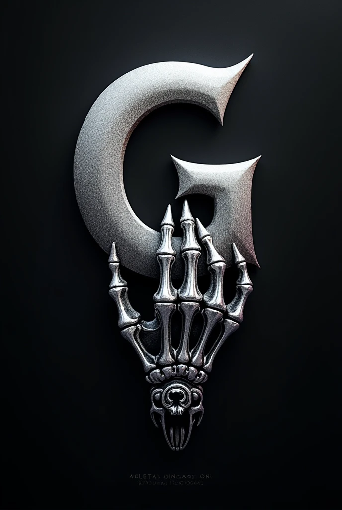 create a tattoo logo with the letter G highlighted and with a skull hand in silver color
