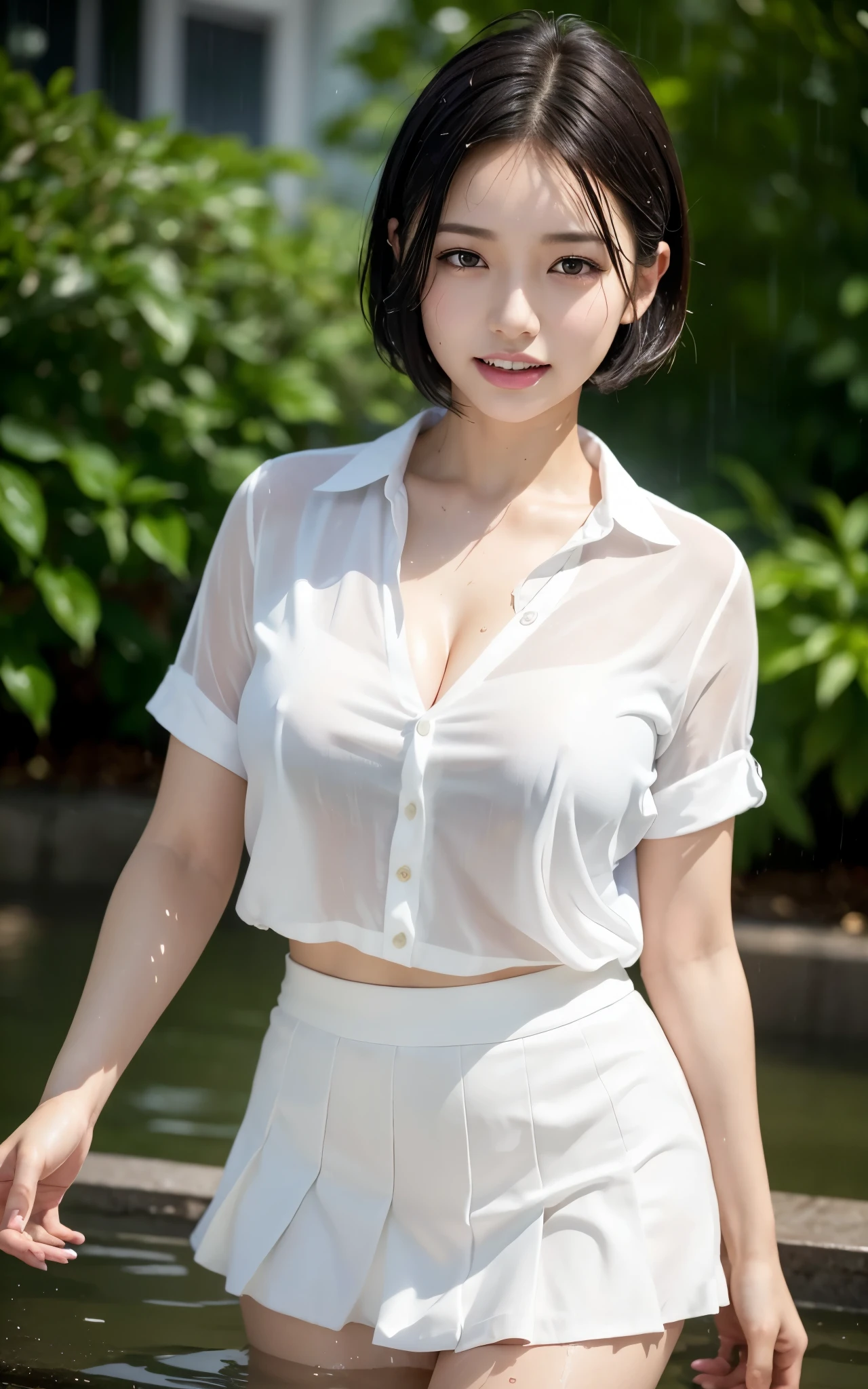 best quality, photorealistic, 8k, high res, 1girl, woman, (skindentation), (professional lighting), (portrait:0.6), (soaked White blouse, soaked Dark Skirt, ), gorgeous, (soaked short black hair:1), ((looking at viewer:1.5)), photorealistic, (bokeh), (dynamic pose:1.2), intense lighting to face area, lips, (teeth:1.3), smile, Dark Clouds, heavy rain, realistic rain effect