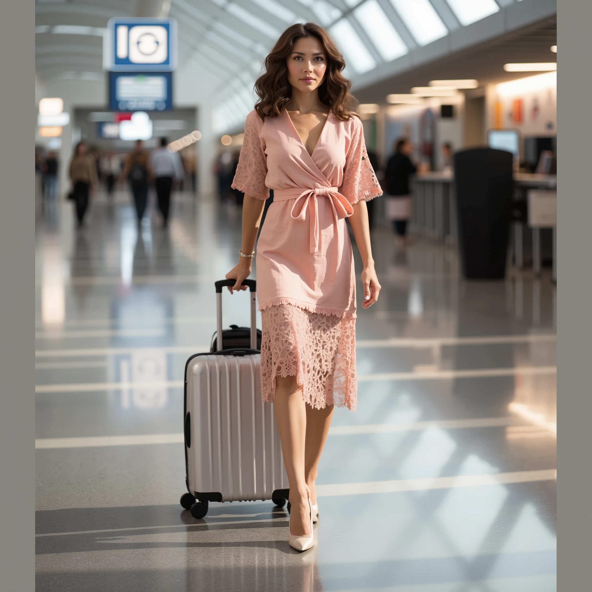 real picture，A 28-year-old Swedish beauty，Mature and beautiful，Light coral orange lace half-sleeved dress in the departure hall，Medium Curly Hair，High heel，Dragging a suitcase，Bright environment，