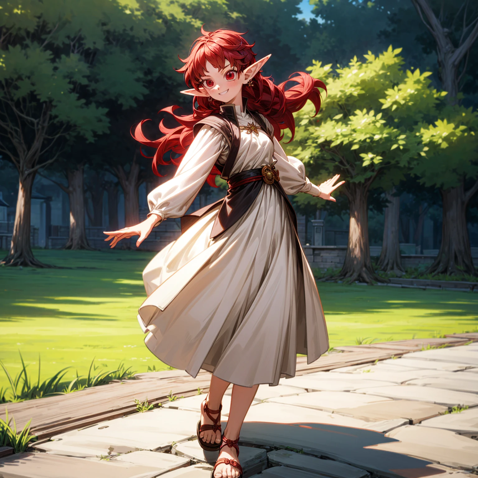 Solo character, full body version,  girl, (elf), red eyes, red color hair, long hair, undercut hair, white shirt clothing, brown skirt, sandals, outdoor, village, medieval, standing gesture, detailed background, detailed clothing, detailed hair, (black clover style art, dragon ball style art), happy, smile mouth 