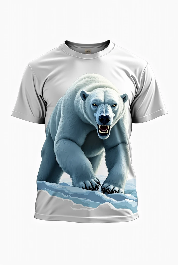 A white, Olympic-style sports t-shirt with a polar bear design (The polar bear must look furious)