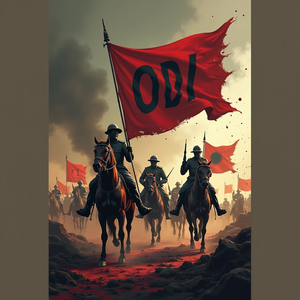 World War I logo with ODI name, with weapons and blood, with soldiers on horseback, and flags of many countries 