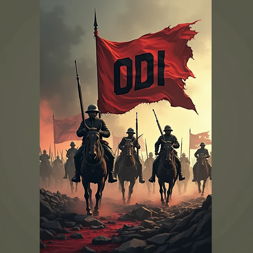 World War I logo with ODI name, with weapons and blood, with soldiers on horseback, and flags of many countries 