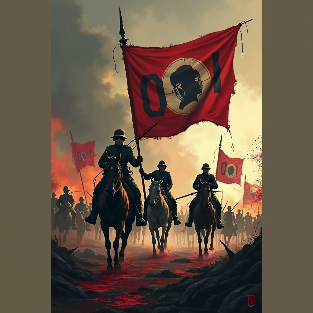 World War I logo with ODI name, with weapons and blood, with soldiers on horseback, and flags of many countries