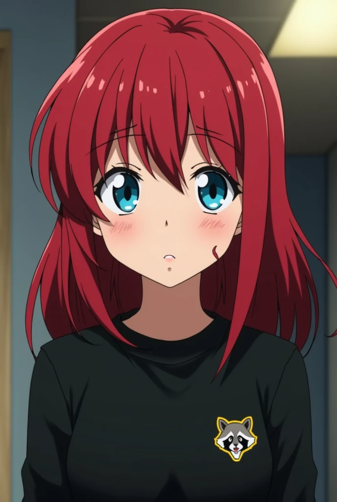 Screenshot of my hero academia. 14 year old girl, Red hair, blue eyes, Black sweatshirt with a small raccoon on the right side chest, fringe, hair to mid back, Shoto Todoroki&#39;s younger sister, a small scar on the jaw 
