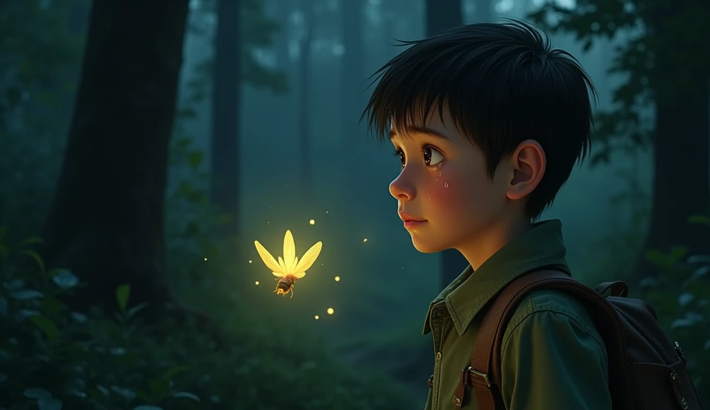 A young boy, Kiko, with short black hair and wearing green, rugged clothes, the darkness of the forest, a small, glowing firefly named Potpot hovers in front of Kiko. The firefly's light softly illuminates Kiko's tear-streaked face, capturing the moment when Kiko spots Potpot for the first time.