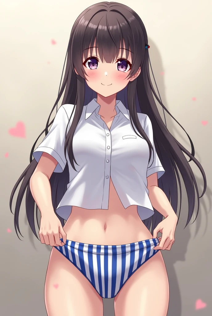 Anime girl wearing uniform shirt and revealing small side tie blue striped panties, front view, standing, one hand untying panties, other hand inside panties