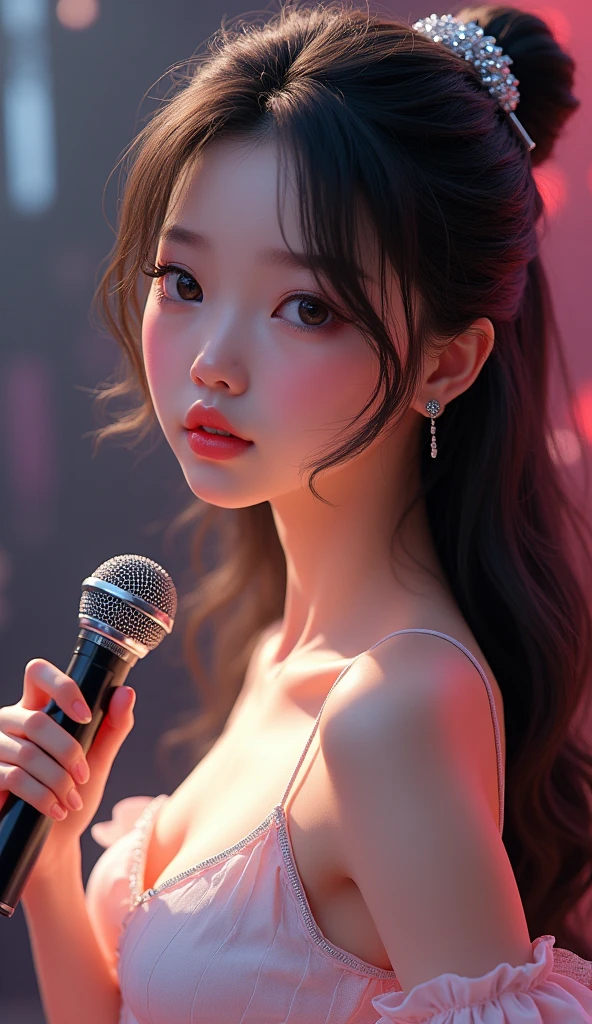(masterpiece:1.3), High resolution, Super detailed, Highly detailed CG Unity 8k wallpaper, Realistic, photo-Realistic, RAW Photos, Beautifully detailed face, Pale skin, Realistic glistening skin, Detailed cloth texture, Detailed hair texture, Perfect body, Beautiful Face, Accurate, Anatomically correct, Highly detailed face and skin texture, Natural neck length, (Beautiful Hands), (Fair skin:1.1), (Good teeth alignment:1.1), (Sweaty skin:1.2), BREAK, Fine grain, Symmetrical eyes, Light brown eyes, double eyelid, Thin eyebrows, (Glossy Lips:1.4), ((A face waiting for a kiss:1.2)), (blush:1.1), (Sparkly little hair accessories:1.1), (Beautiful smile:1.1), (Holding a microphone:1.3), BREAK, (An elegant and cute 15-year-old junior idol:1.3), (nude, nsfw, Very erotic nipples:1.4), baby face, BREAK, small breast, Slim figure, Toned Abs, ((Half Up, Black Hair, bangs:1.2)), (Cowboy Shot:1.2), (View your viewers), Cowboy Shot, From above, BREAK, (Singing on stage:1.3),Harajuku、20 years girl、Cute、Sexy shot looking at camera