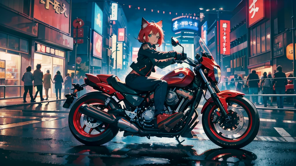 A large red motorcycle speeds through the city. (Speeding), (スローモーション: 1.3), (モーションブラー: 1.3), (スピードライン: 1.4), Speed, Cat girl, Green short bob hair, Green Eyes, Sparks and tire smoke, ソロ, Surrealism, chiaroscuro, cinematic lighting, UHD, high details, best quality, highres, 16k