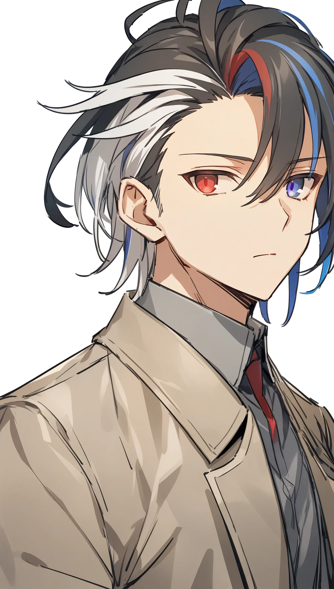 {{masterpiece}}, The best quality of life, 超High resolution, Attention to detail, high quality, High resolution, 最high quality, 4K, 8k,Attention to detail,((Black Hair、White Hair、Shortcuts)Multi-colored hair)) 、One person, 1 adult male,((完璧な悪魔のBlue and red eyes)) , ((Blue and red eyes)) ,((Heterochromia iridis))、((White background))、(((Grey suit、Beige coat))、Expressionless