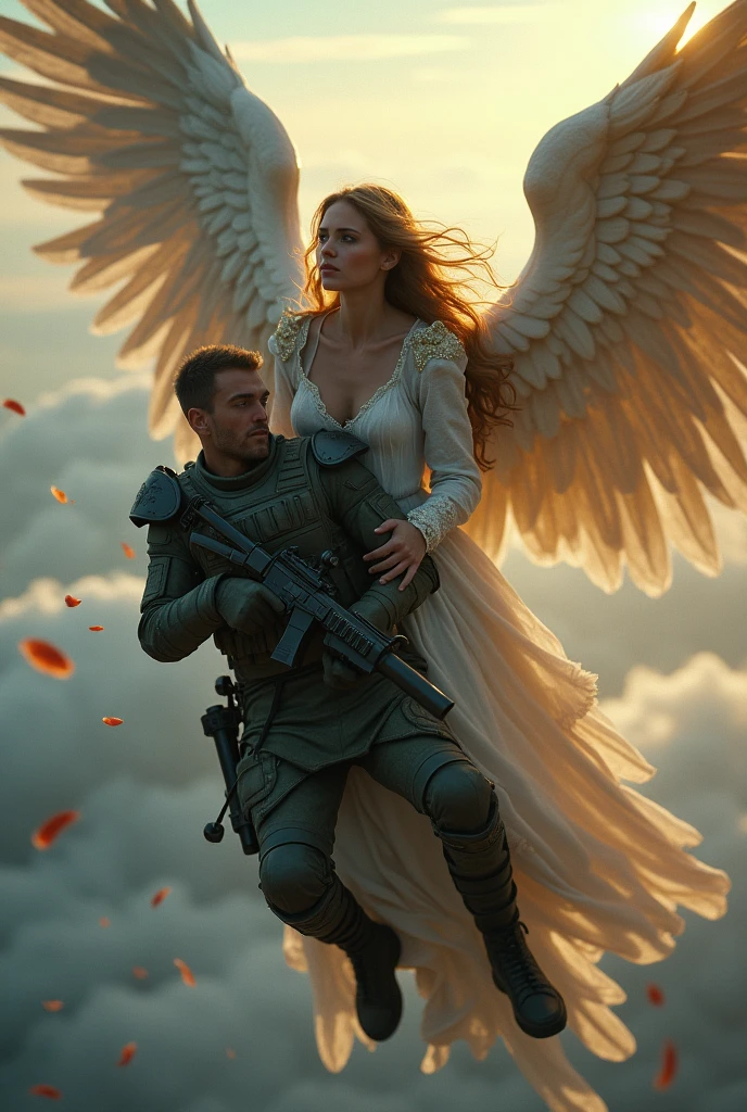 Wide-angle, full-length, a (stunningly beautiful Valkyrie) holding a sleeping male soldier dressed in modern war-gear in her arms, flying into Valhalla, after (glorious combat, epic), incredible, awe, beautiful, highly detailed, well drawn face features, highest quality, divine, prismatic analogous colors, dynamic composition, delicate, cinematic lighting, sublime, striking scene, sharp and crisp image, ultra realistic, (petals in the air)