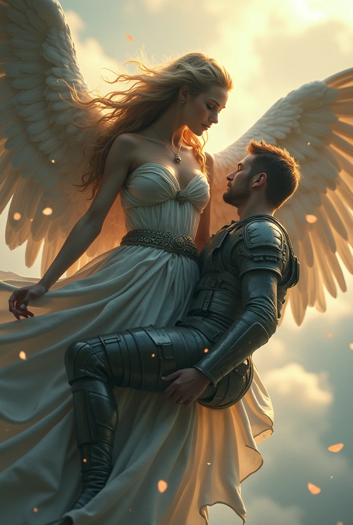 Wide-angle, full-length, a (stunningly beautiful Valkyrie) holding a sleeping male soldier dressed in modern war-gear in her arms, flying into Valhalla, after (glorious combat, epic), incredible, awe, beautiful, highly detailed, well drawn face features, highest quality, divine, prismatic analogous colors, dynamic composition, delicate, cinematic lighting, sublime, striking scene, sharp and crisp image, ultra realistic, (petals in the air)