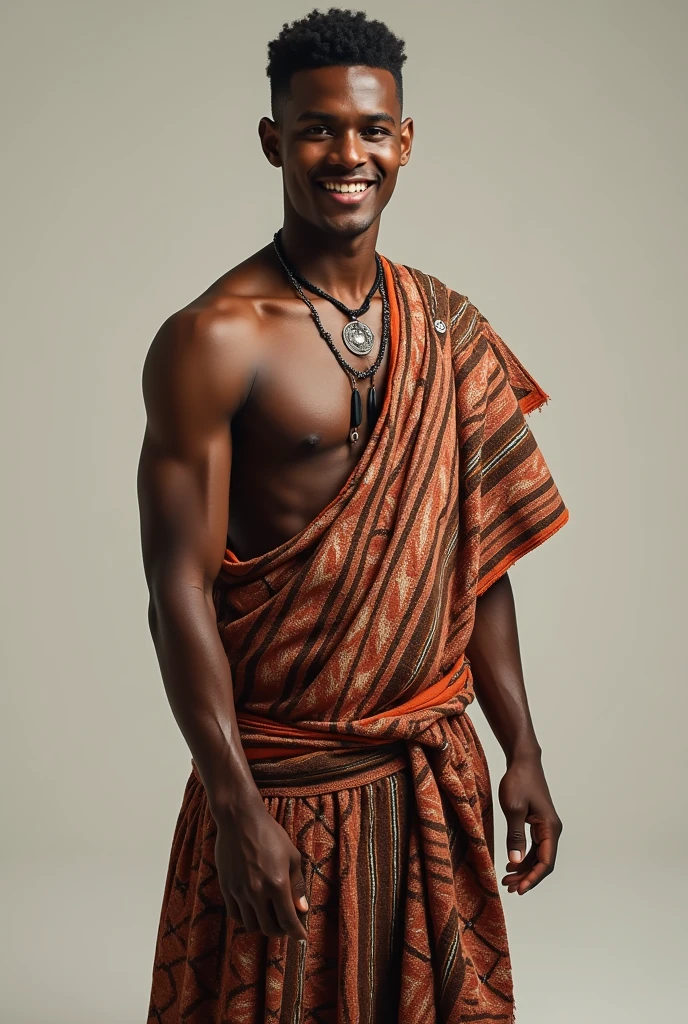 Show me a man between 20 and 30 years old from the Shipibo Konibo culture and his clothing, which is a tunic with a kené texture in the form of squares. , that can be seen from head to toe