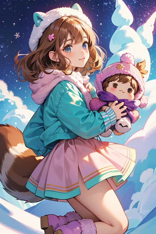 Sharlotte is a light brown doll with brown and shimmery hair. She has a pink flower in one of her ears and a squirrel tail.
Her top is teal and purple with stars. Her skirt is blue with snowflakes.
She wears short pink snow boots and comes with a yellow snow hat and mittens. SPARKLE; GLITTER