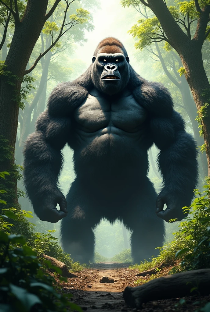 Gorilla beating his chest in the realistic forest 4k