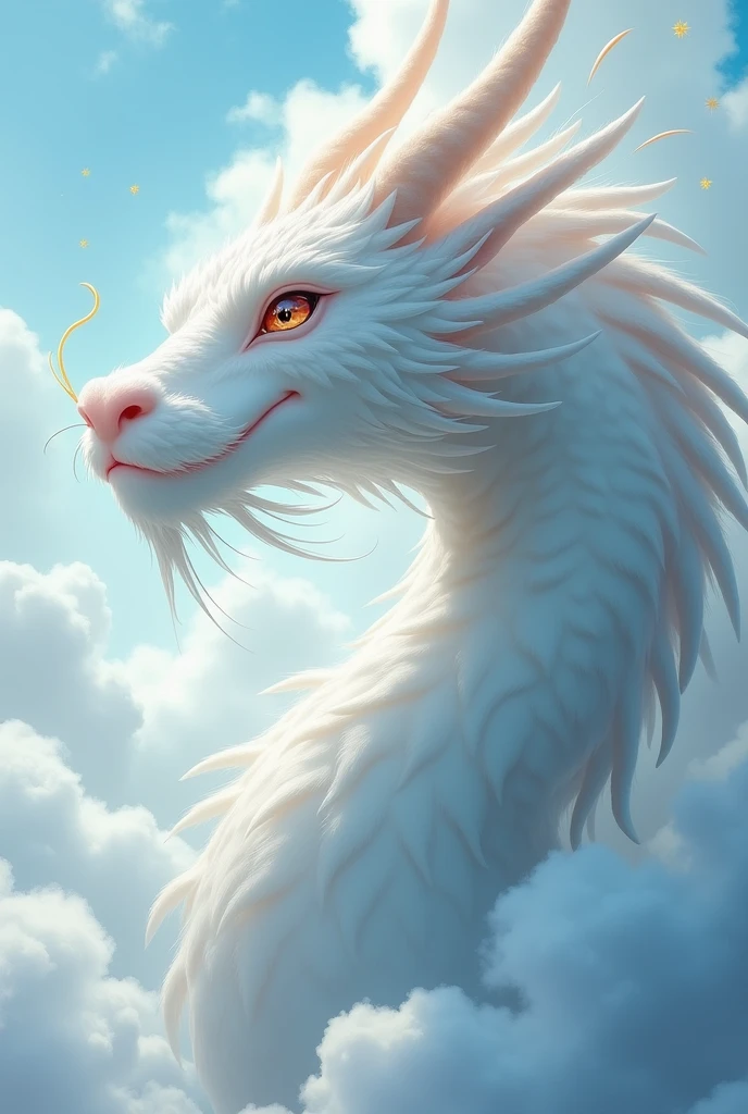masterpiece, Highest quality,Japan Dragon God、white dragon、smiling gently、With fluffy fur。The face is rising upwards。The background is a sea of clouds。No wings、Sparkling and kind eyes、