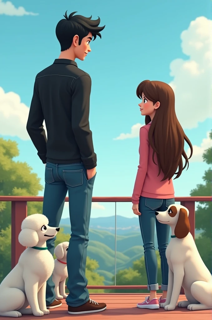 an animated image showing a tall young man, delgado, strong, moreno, black hair, dressed in jeans and a long-sleeved black shirt, to a young woman, long brown hair, short stature, slim, White skin, dressed in jeans and a pink shirt,sitting on a viewing platform accompanied by a white French poodle, small size, a medium-sized long-haired Maltese dog and a large-sized white female dog with brown spots on her back and brown ears 