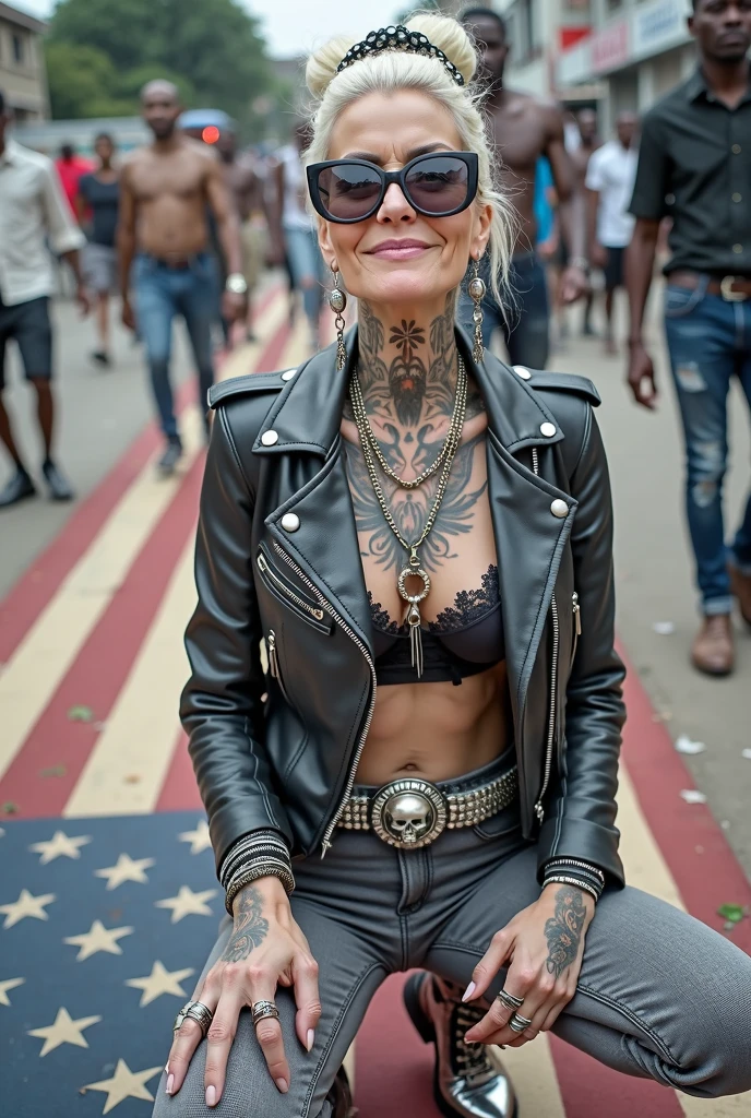Anglosaxon old milf woman, , blonde platinum hair (beehive bun, black parsley headband), with very light green eyes, extremely pale. Wearing oversized square black maxisunglasses Wearing studded cropped black moto jacket (verical zippers on the sides). Black lace push up bra, dark grey skinny, tight low rise jeans (holes in knees). Silver Chelsea boots with cuban heels. Lots of thick wide studded bracelets, chain collars and big rings. Tacky wide studded leather belt, with big skull and bones round buckle. Long earrings with chains. Squatting on a large ragged, dirty usa flag, looking at the photographer. Craving heavily. Hands on knees. Waste and trash all over the floor. Her studded leather bag, thron away. Looking at the camera, chin up. Toned abdominals, thin neck, slim legs and thin arms. Neck, chest, belly, hands and arms completely tattoed. Street of Nairobi, crowded with shirtless men in jeans