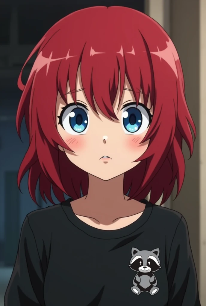 Screenshot of my hero academia. 14 year old girl, Red hair, blue eyes, Black sweatshirt with a small raccoon on the right side chest, fringe, hair to mid back, Shoto Todoroki's younger sister, a small scar on the jaw