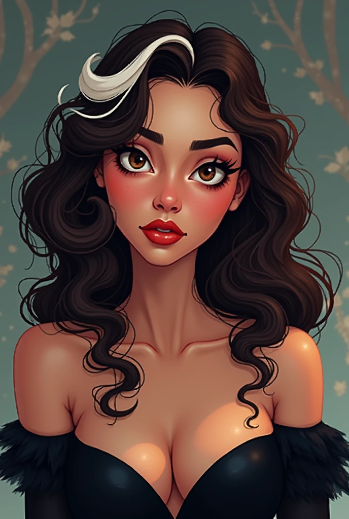 brunette woman curly hair defined white streak, black gown, Brown eyes, reddened mouth, Brown eyes escuro, big and wide face, Disney pixel animation style wide nose
