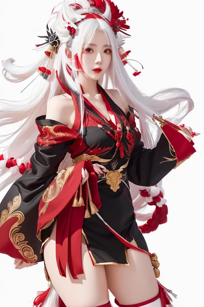 a woman in a red and black dress with long white hair, white haired deity, onmyoji portrait, onmyoji detailed art, onmyoji, cute waifu in a nice dress, female character
