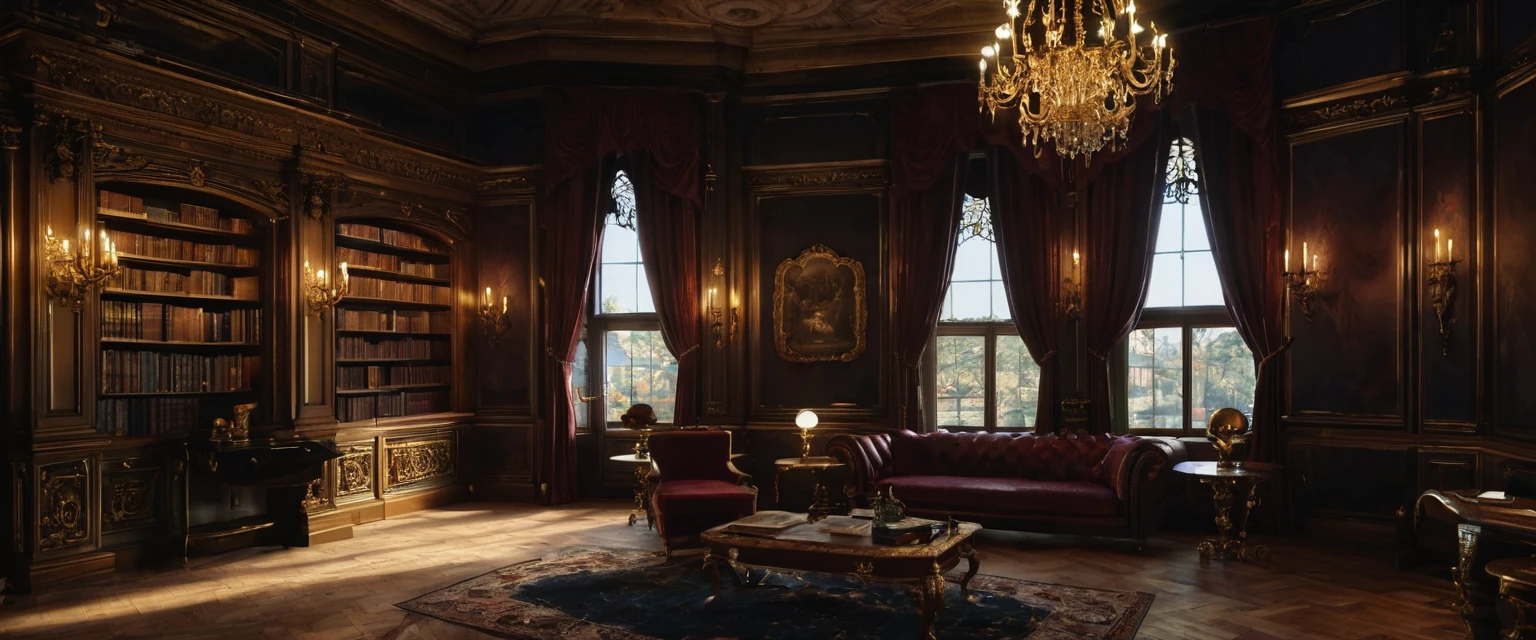 Majestic library、A soft light shines through、A beautiful, empty library、Highest quality,4K,8k,High resolution,masterpiece:1.2,Very detailed,Realistic:1.37,Baroque decoration,Luxurious library,Gothic aesthetics,ornate furniture,Dark Color Palette,Sparkling Chandelier,elaborate tapestry,Elegant marble floor,Large stained glass windows,Dramatic Shadows,Rich texture,Attention to detail,Brass accents,Luxurious curtains,Antique Bookshelf,Velvet Upholstery,Moody lighting,Mysterious atmosphere,A wonderful work of art,grow,impressive architecture,Superb craftsmanship,Vintage gothic vibe,Hall々Barrel Bat Signal,Lavish decoration,Hauntingly beautiful,Enchanting atmosphere,An unforgettable Gothic experience,Unparalleled Luxury,Immersive