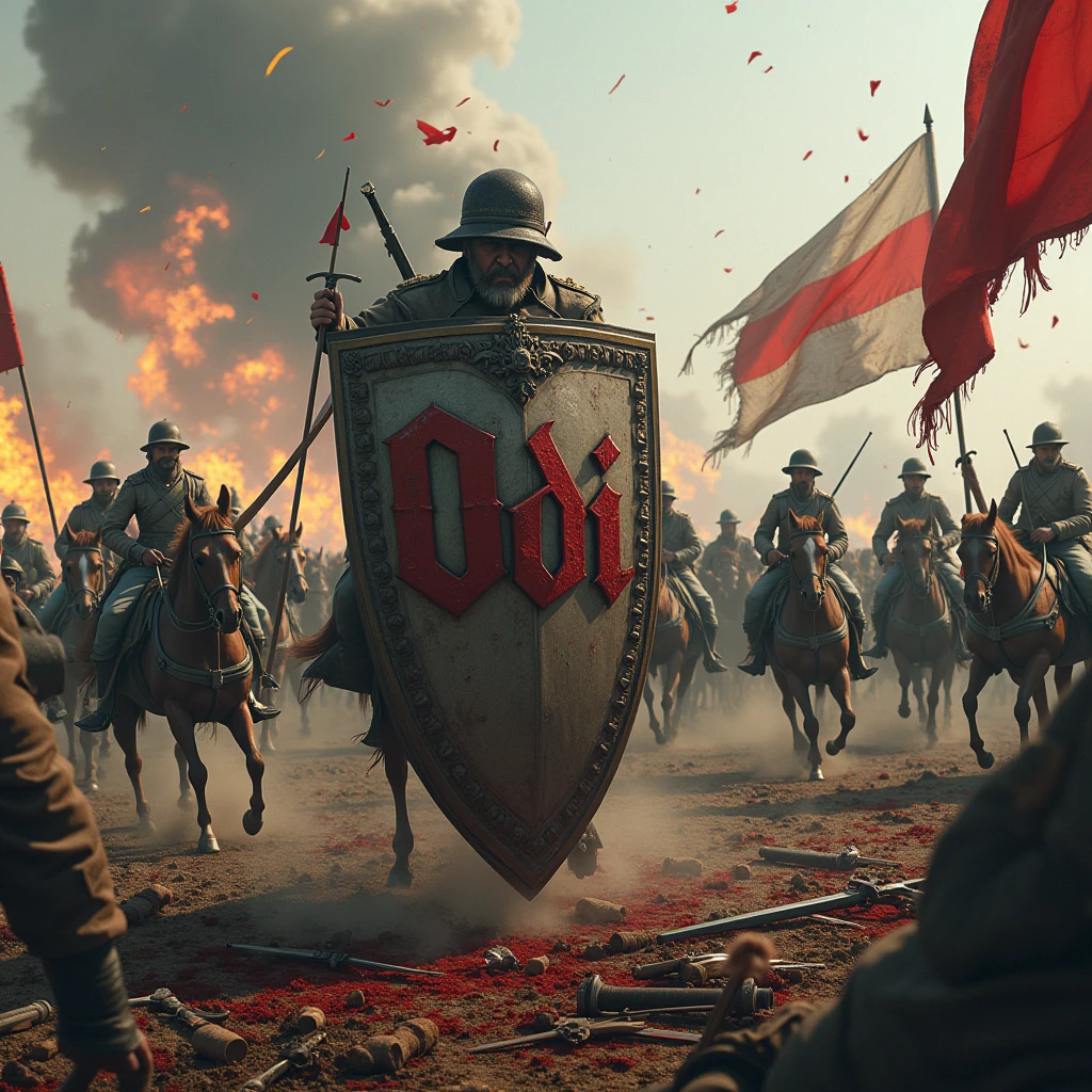 World War I shield with name ODI, with weapons and blood, with soldiers on horseback, explosions and flags of countries
