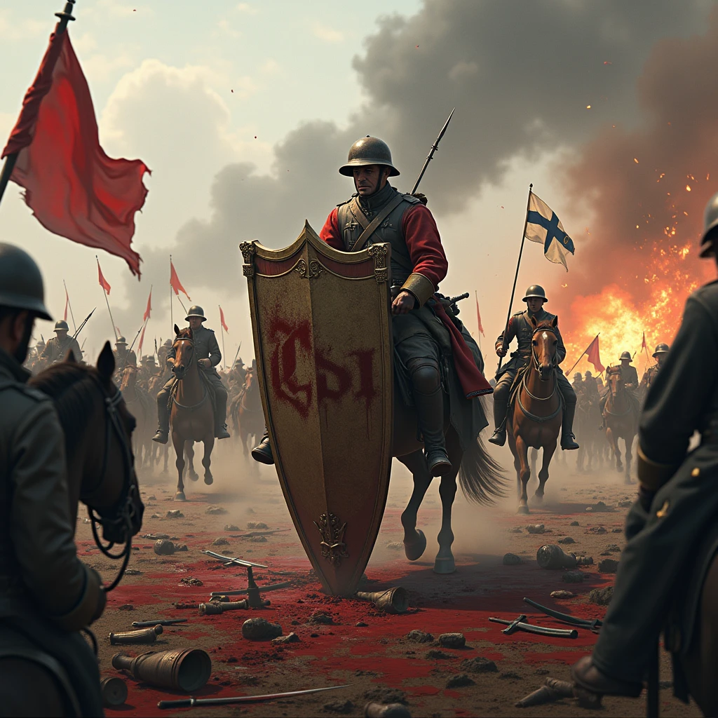 World War I shield with name ODI, with weapons and blood, with soldiers on horseback, explosions and flags of countries