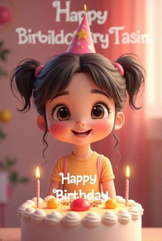 ((best quality)), ((masterpiece)), (detailed), perfect face
Cute pretty good 10years old girl happy birthday Infront of cake .into the cake HAPPY BIRTHDAY TASIN.background text her name HAPPY BIRTHDAY TASIN